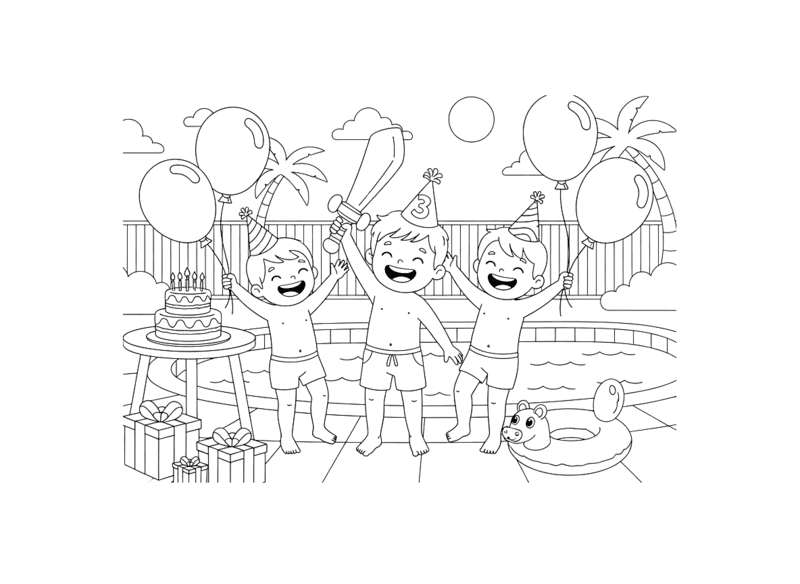 Page de coloriage d'une fête d'anniversaire avec trois enfants, des ballons et un gâteau