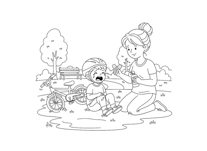 A coloring page of a boy crying next to a fallen bicycle while his mom applies a bandage