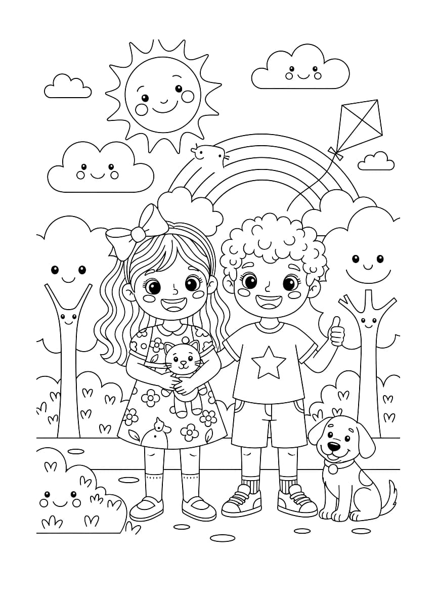 Aqui está uma imagem para colorir mostrando um menino e uma menina brincando.