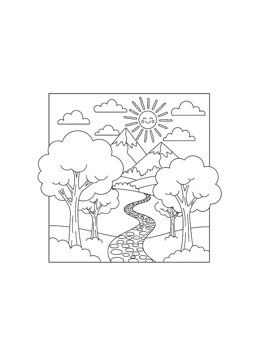 Uma paisagem com árvores, montanhas e um sol brilhante.