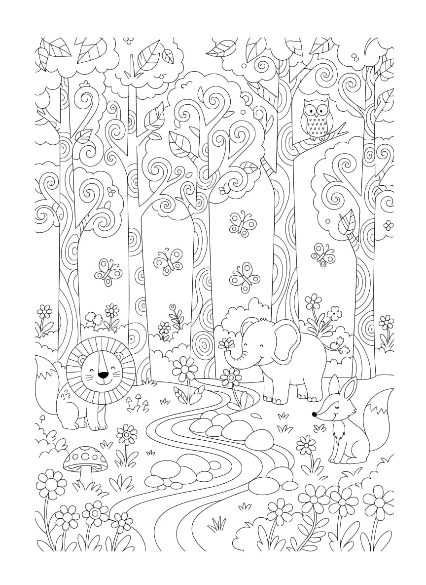 Uma floresta mágica com muitos animais.