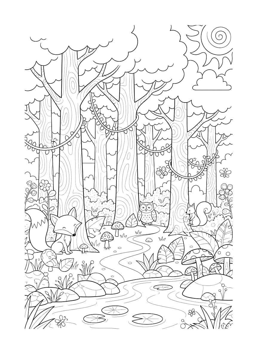 Uma floresta cheia de árvores e plantas para colorir.