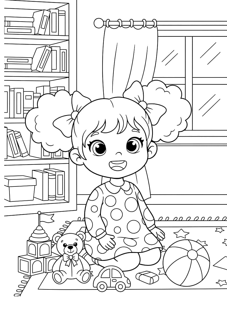 Uma menina sorridente está brincando com brinquedos em um quarto arrumado.