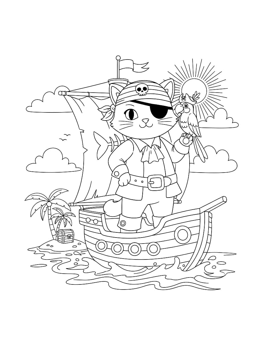 Um gato pirata navegando.