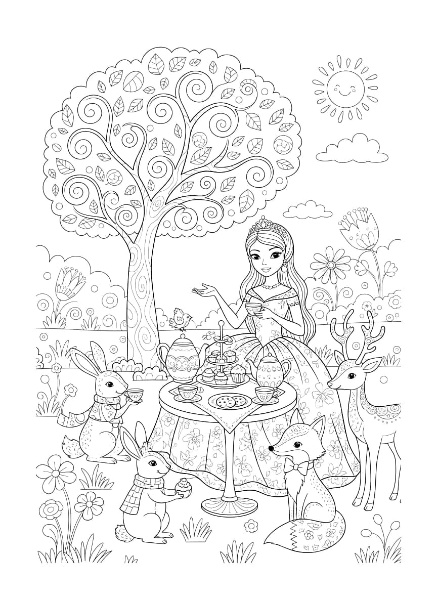 Uma princesa tomando chá com animais amigáveis.