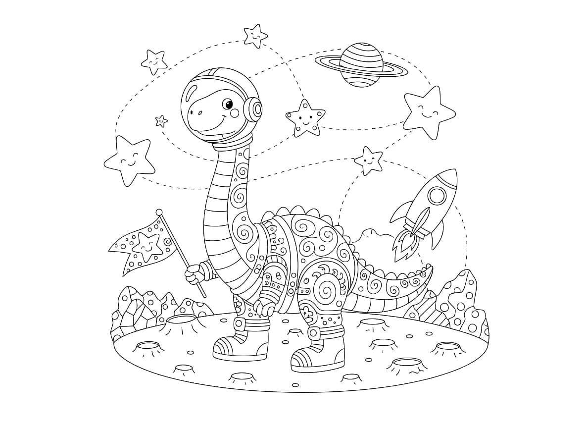 Um dinossauro astronauta está explorando a lua.