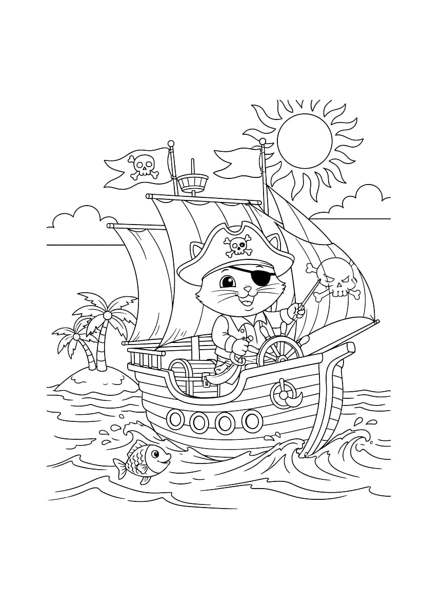 Um gato pirata navegando.