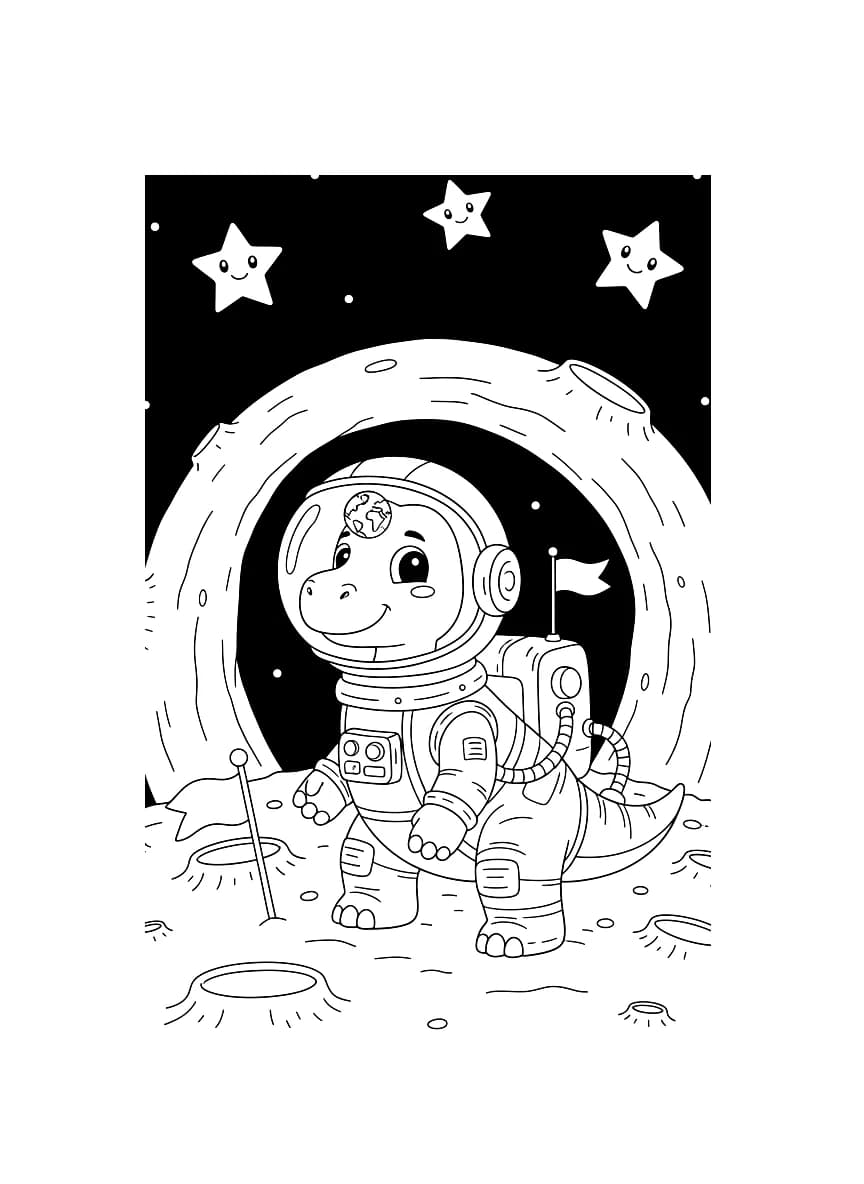 Um dinossauro astronauta está explorando a lua.