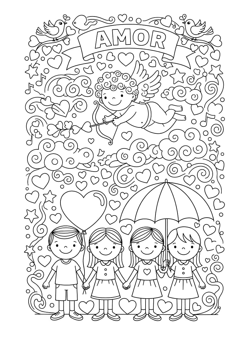 Amor está no ar, com corações e casais.