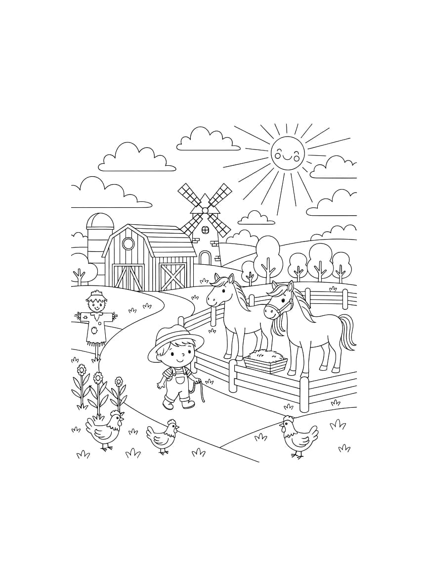 Fazendinha com uma pessoinha buscando os cavalos.