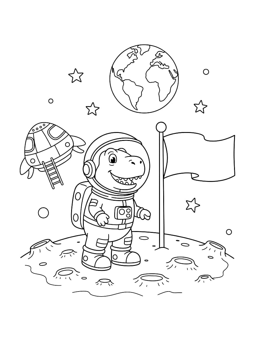 Um dinossauro astronauta explorando a lua.