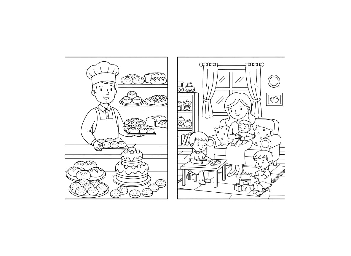 Um pai trabalhando em uma padaria e uma mãe em casa com seus três filhos.