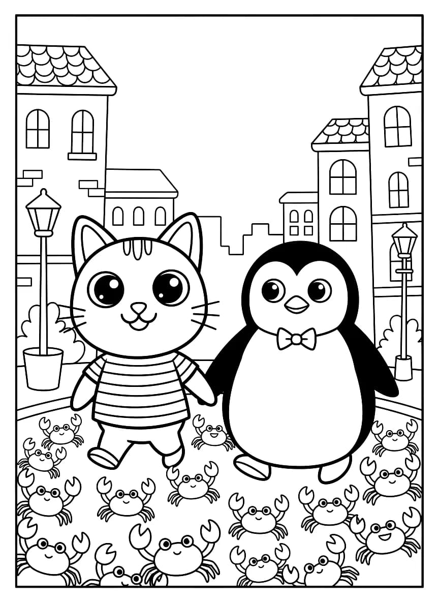 A cat and a penguin holding hands walk down a city street filled with crabs.