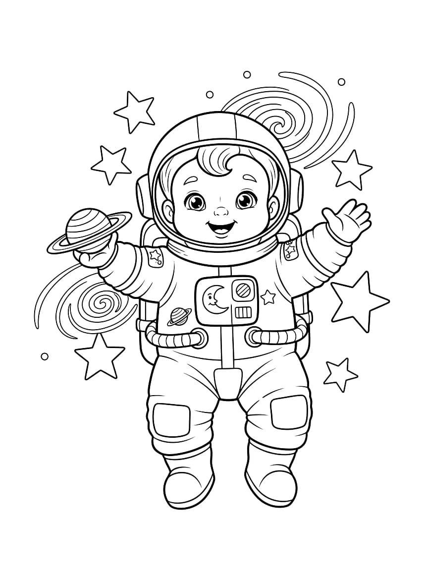 A baby wearing an astronaut suit.