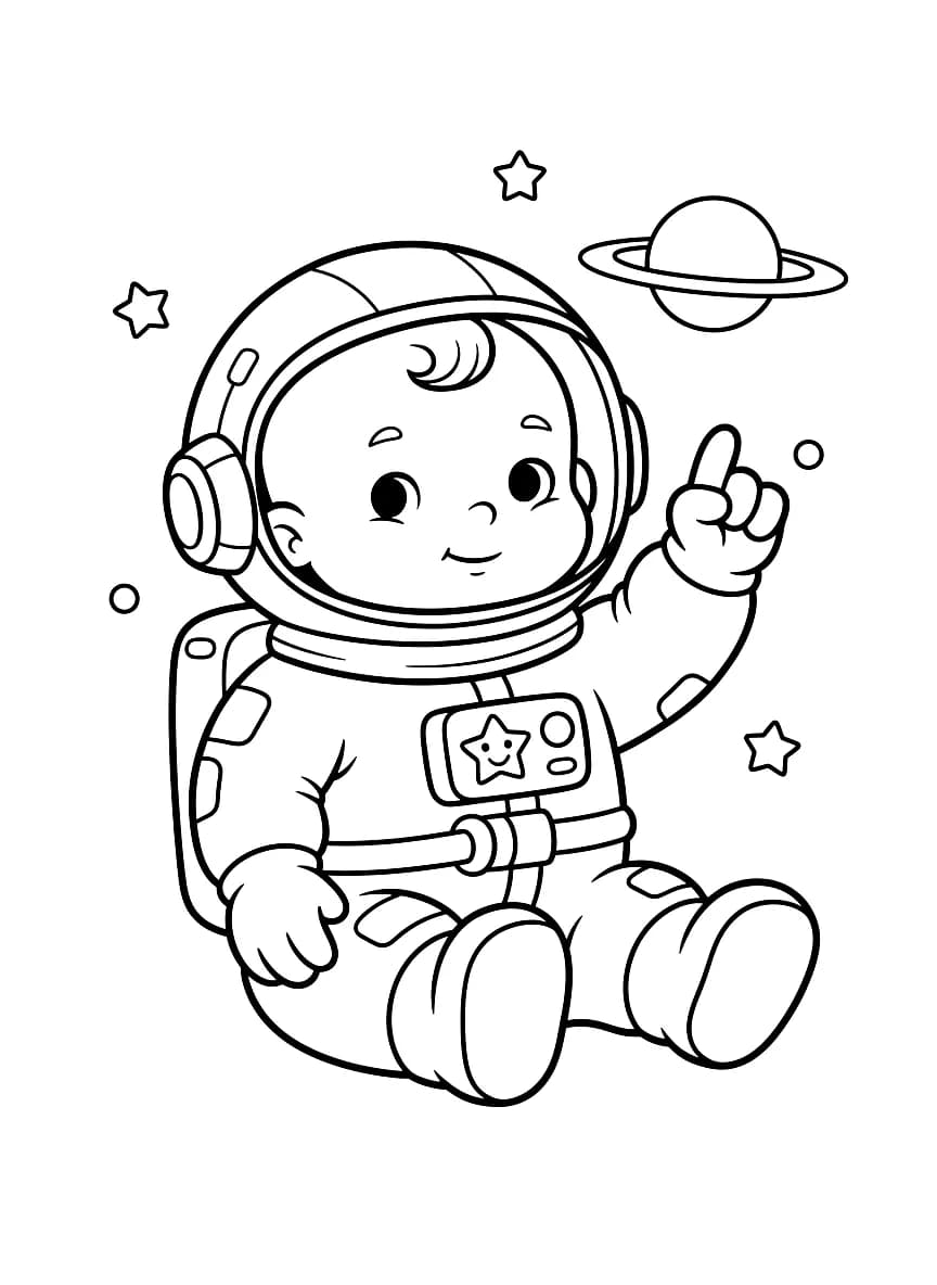 A baby wearing an astronaut suit holds up one finger.