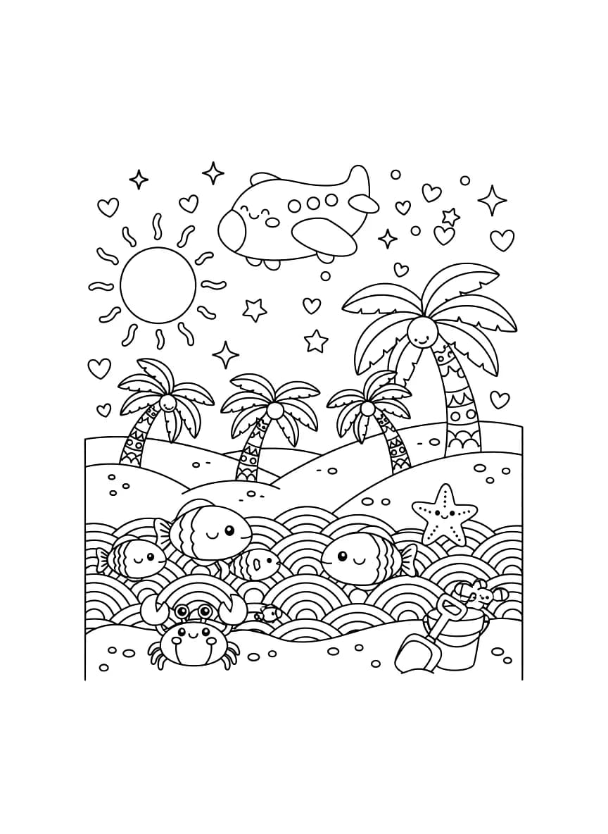 A beach scene with an airplane in the sky.