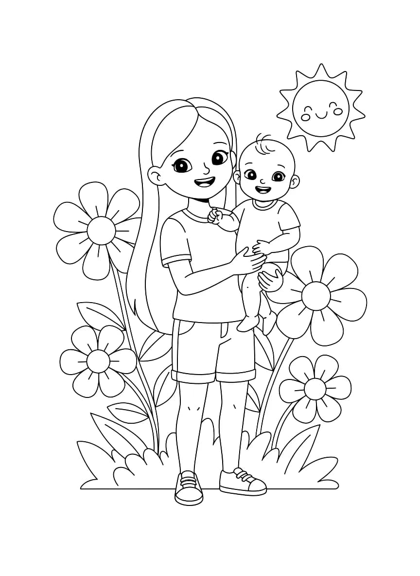 A baby with their godmother, who has long, straight hair and is wearing shorts and a shirt.