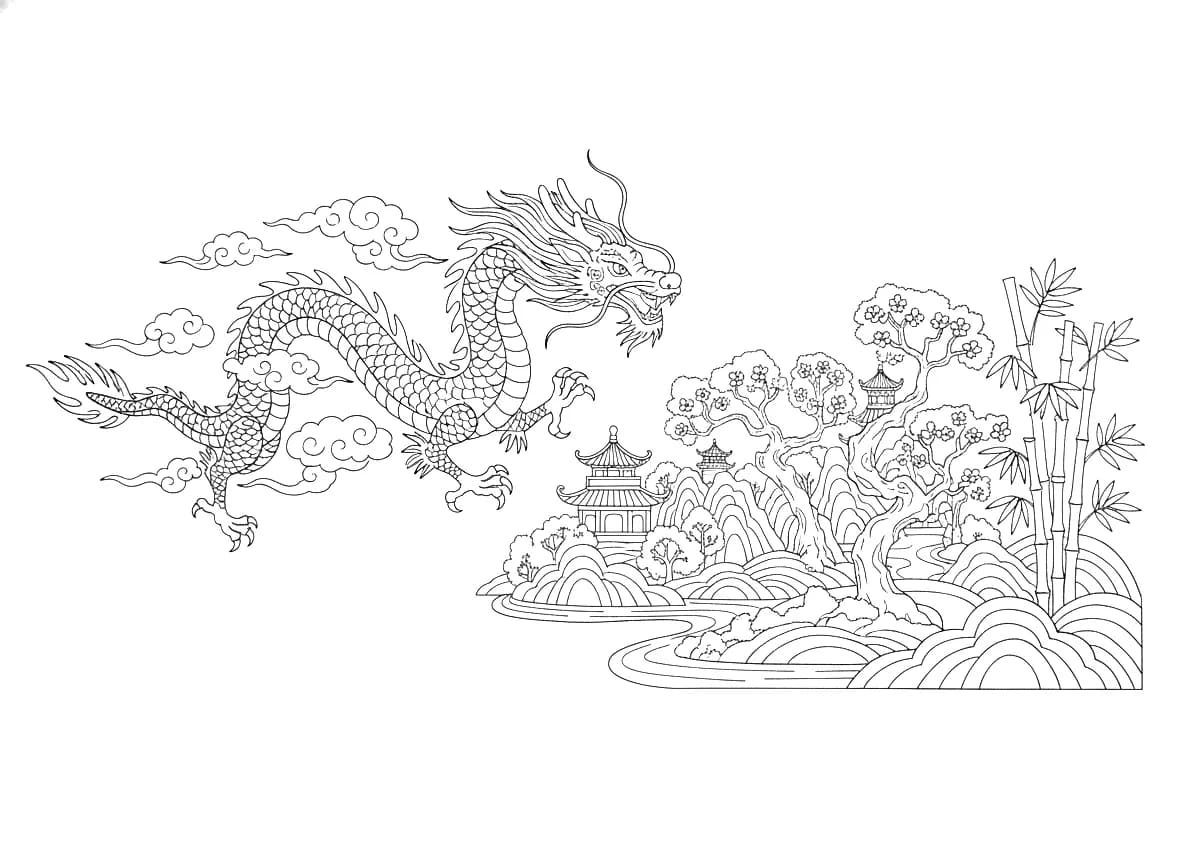 A Chinese dragon flying toward a forest.