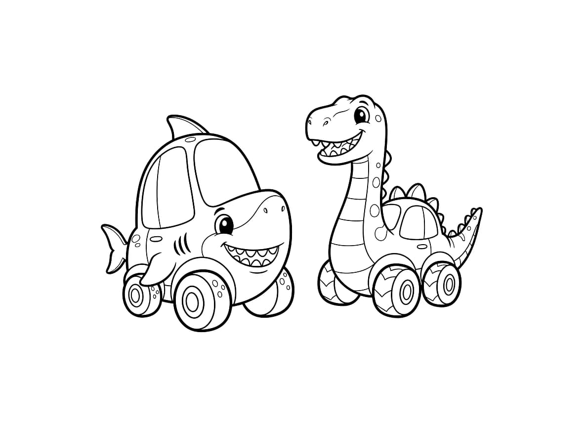 A shark car and a dinosaur car
