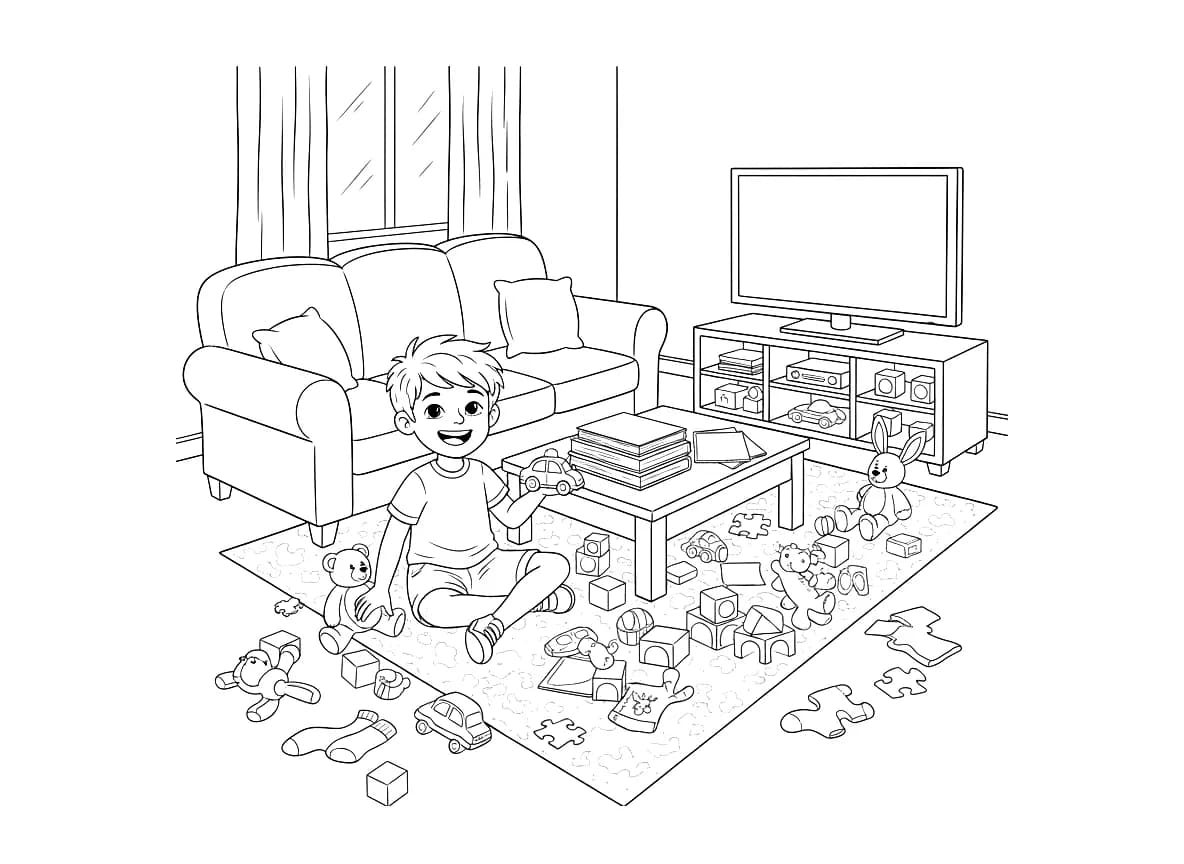 A boy in a messy room with a table, sofa, TV, and toy storage unit.