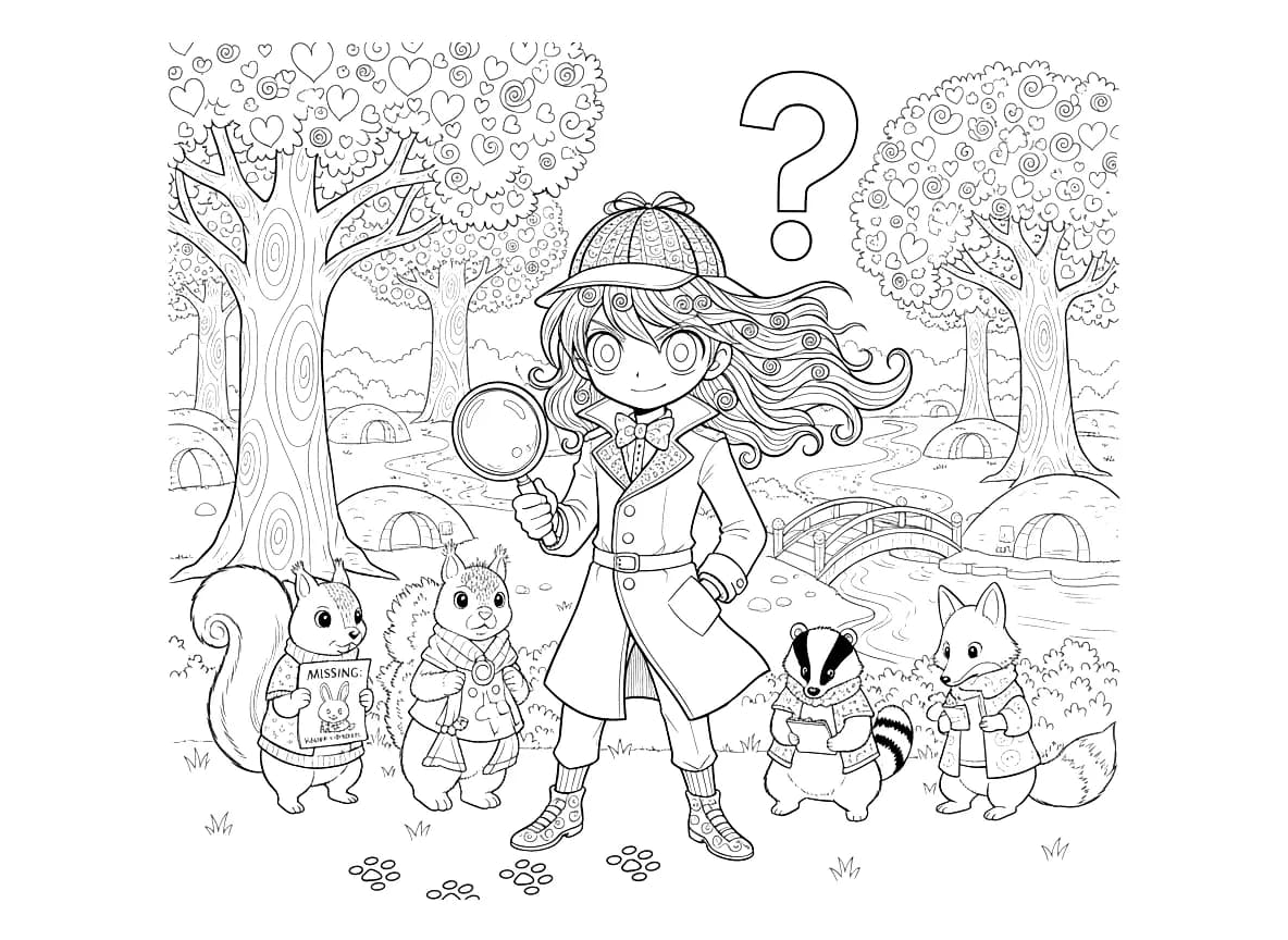 A detective in a park investigates the mystery of a missing rabbit.