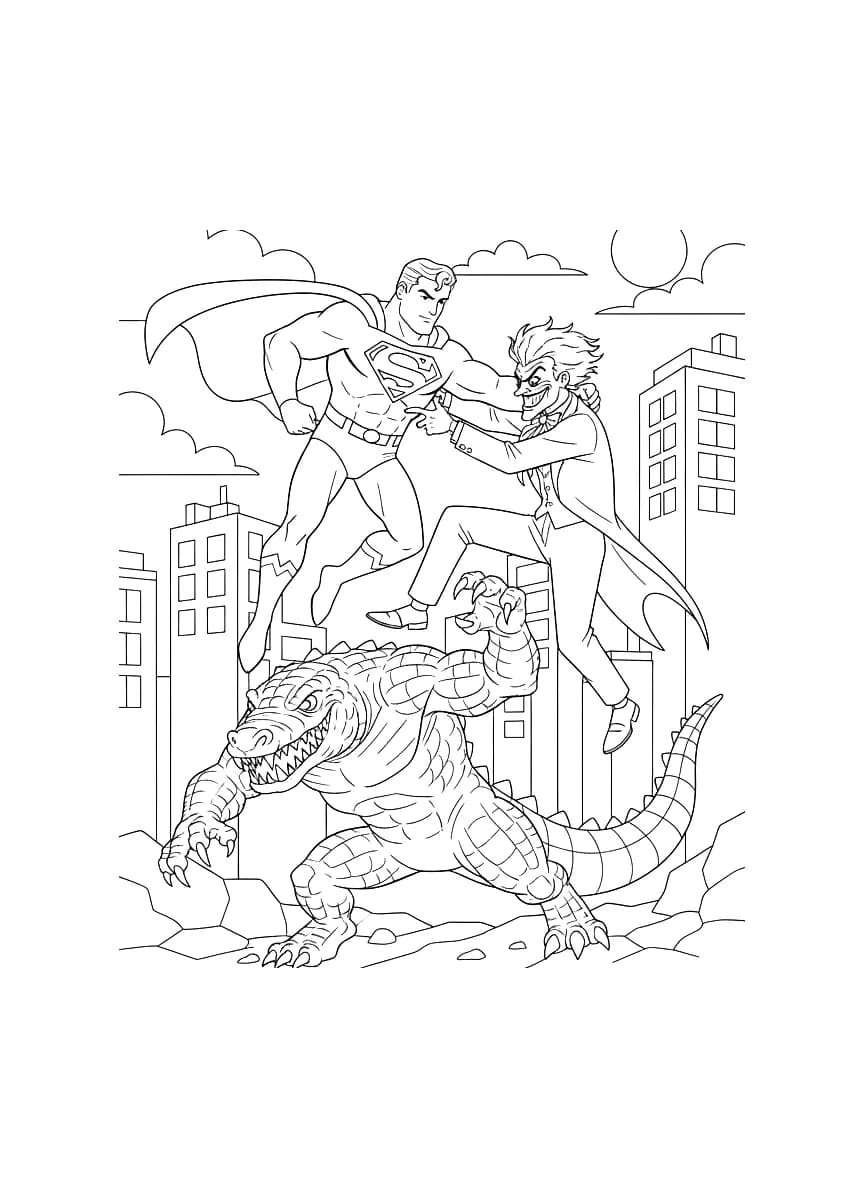 A superhero fighting a clown and a crocodile.