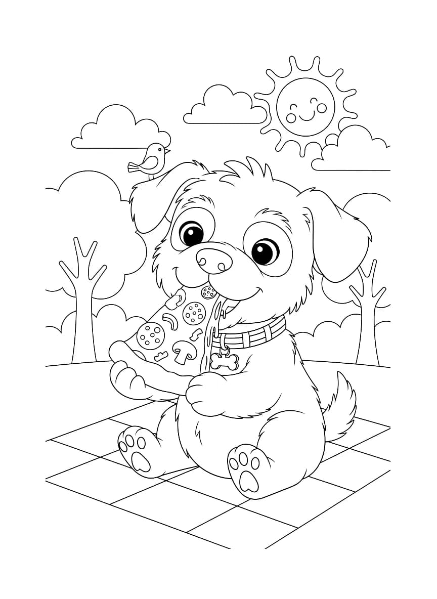 A dog eating a slice of pizza