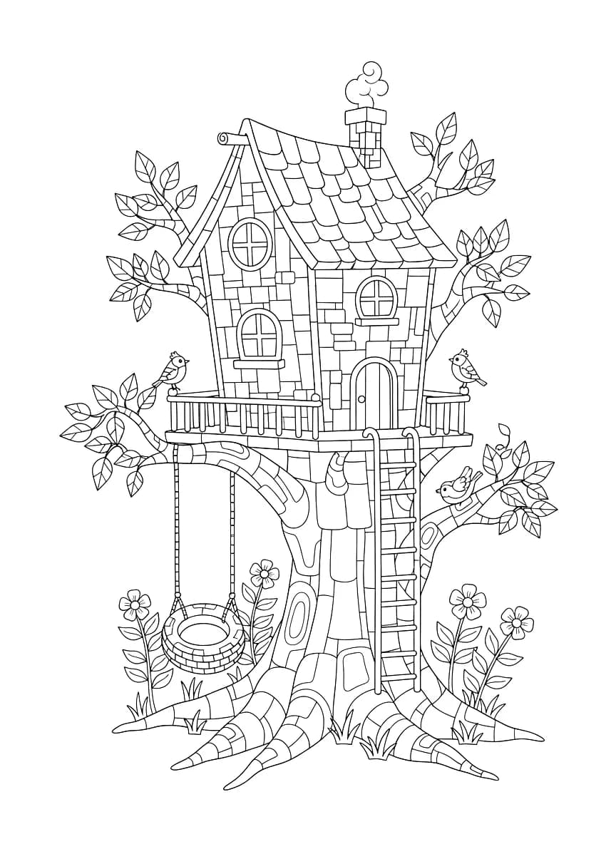 A treehouse with a swing.