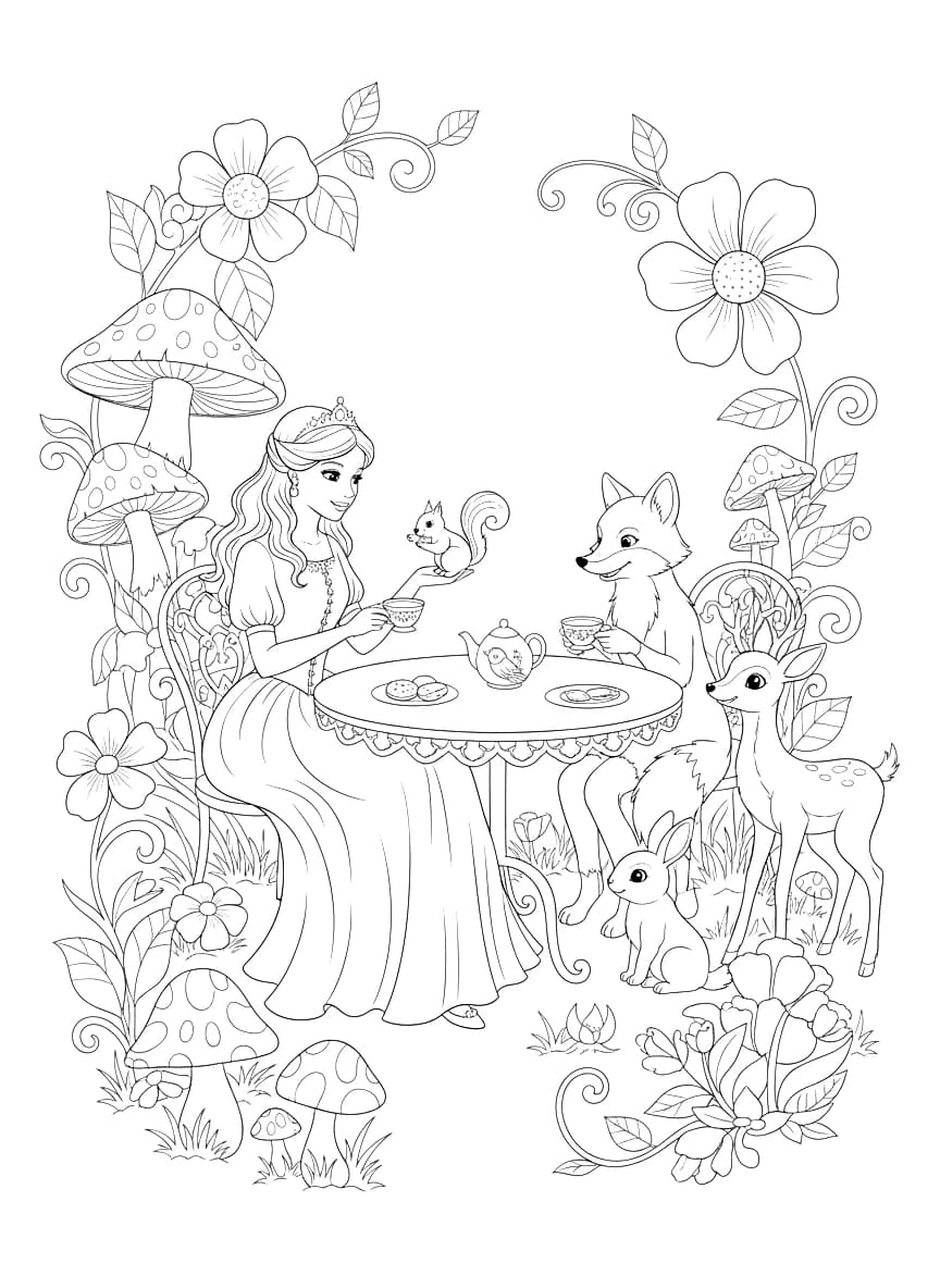 A princess having tea with animals