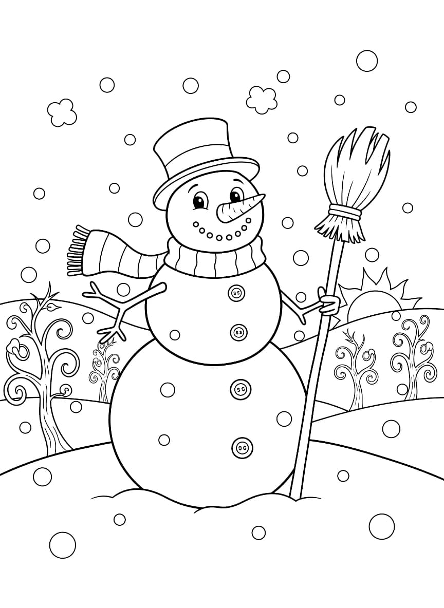A smiling snowman stands in a winter landscape.