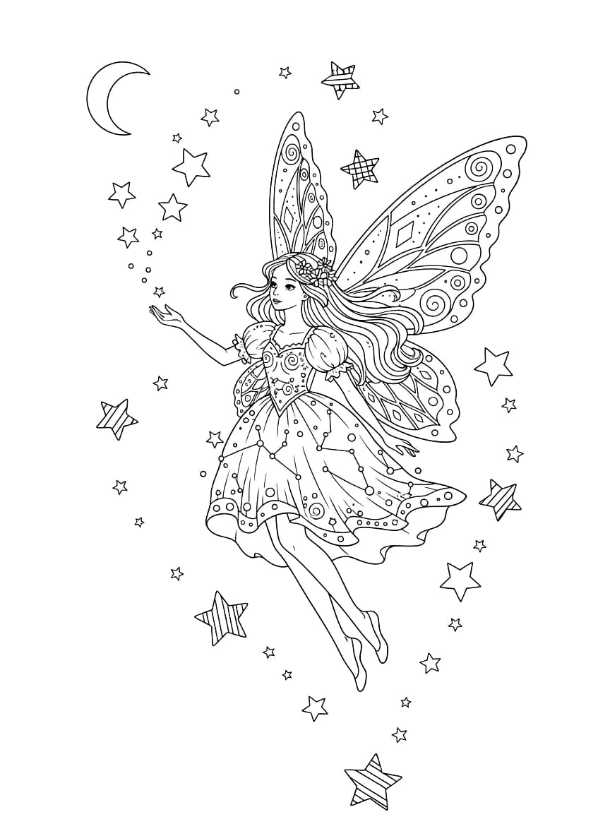 A fairy flying among the stars.
