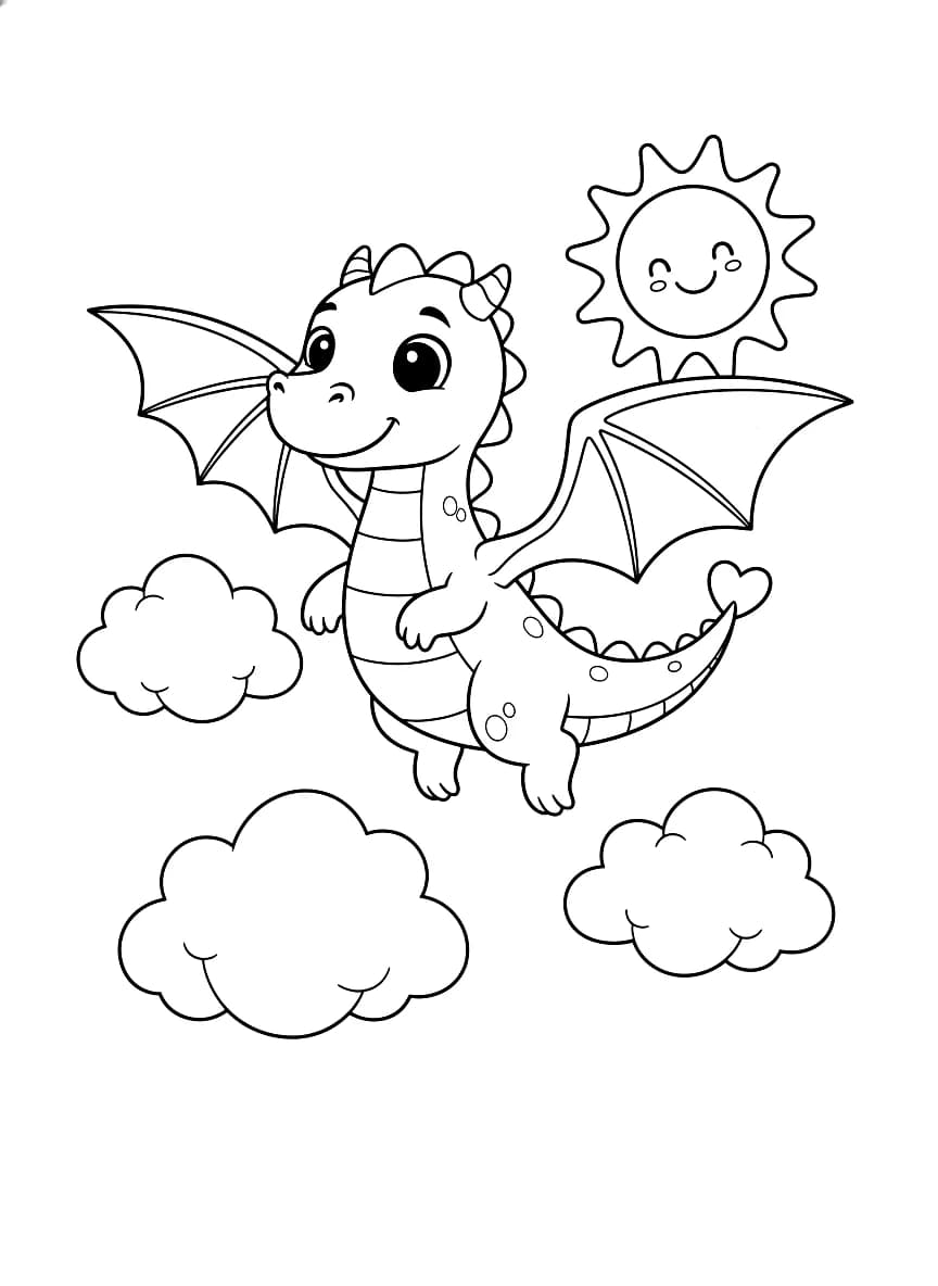 A friendly dragon flying through the sky.