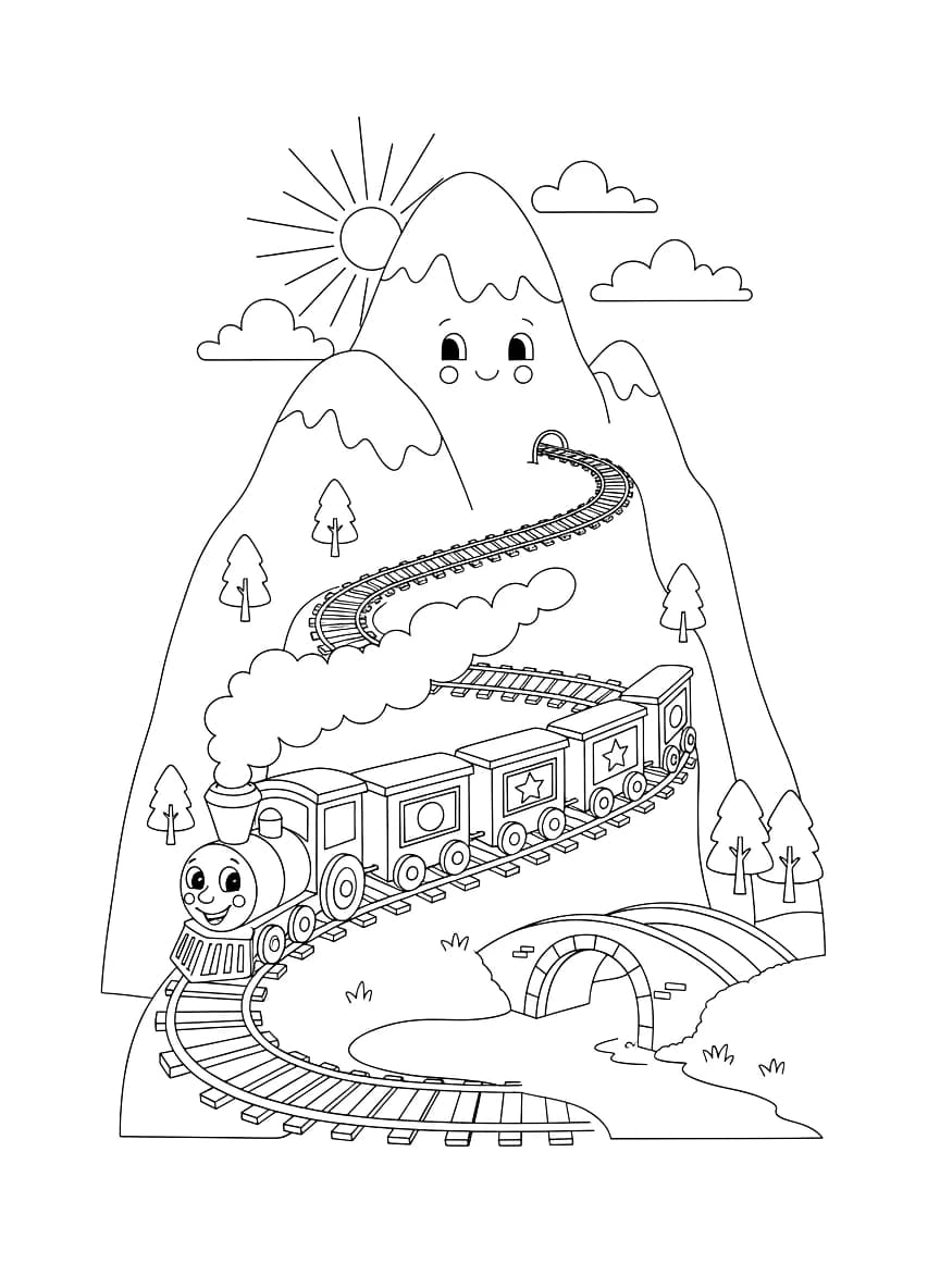 A train cheerfully travels through a mountain landscape.
