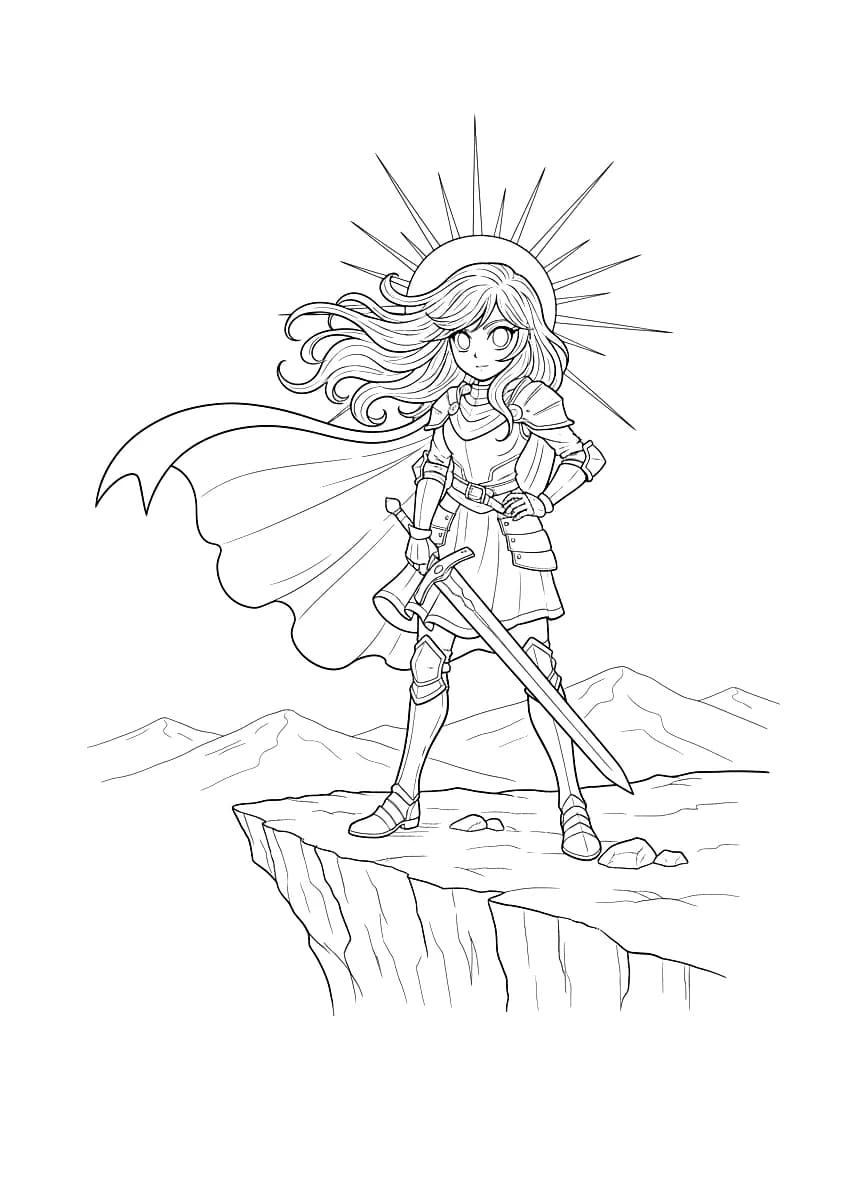 A brave girl knight with a sword and cape stands on a cliff.