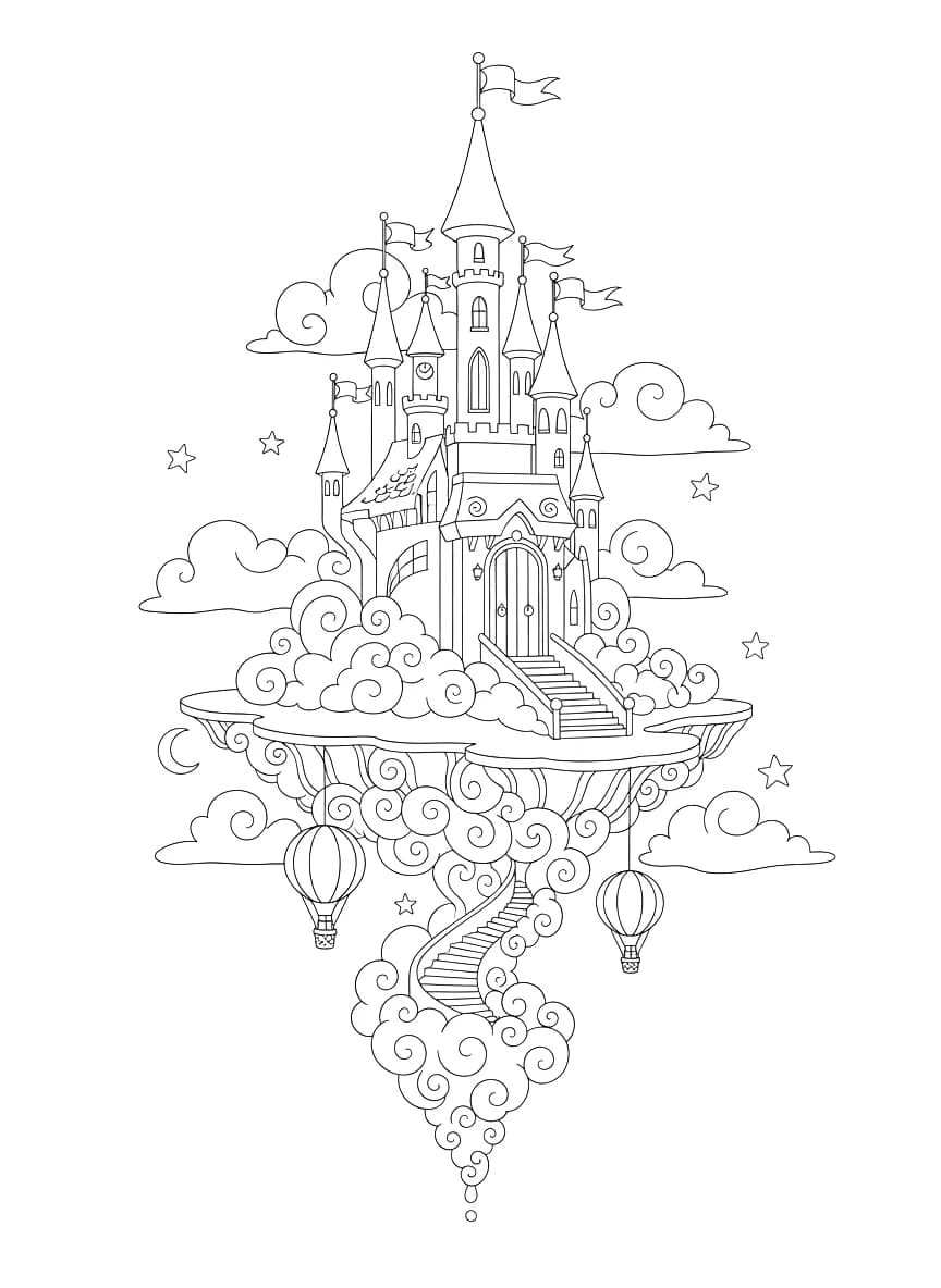 Um castelo mágico flutuando no céu entre as nuvens.