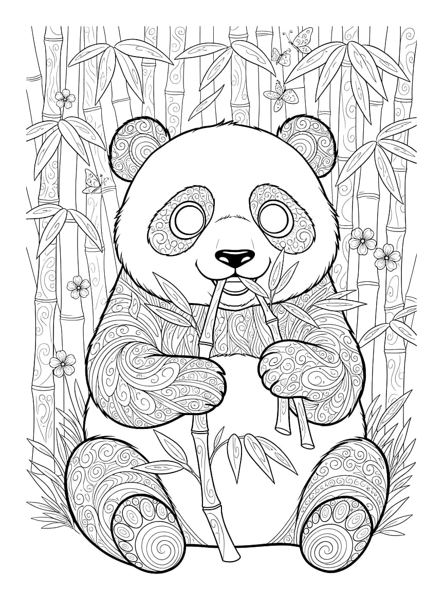 Um urso panda comendo bambu.