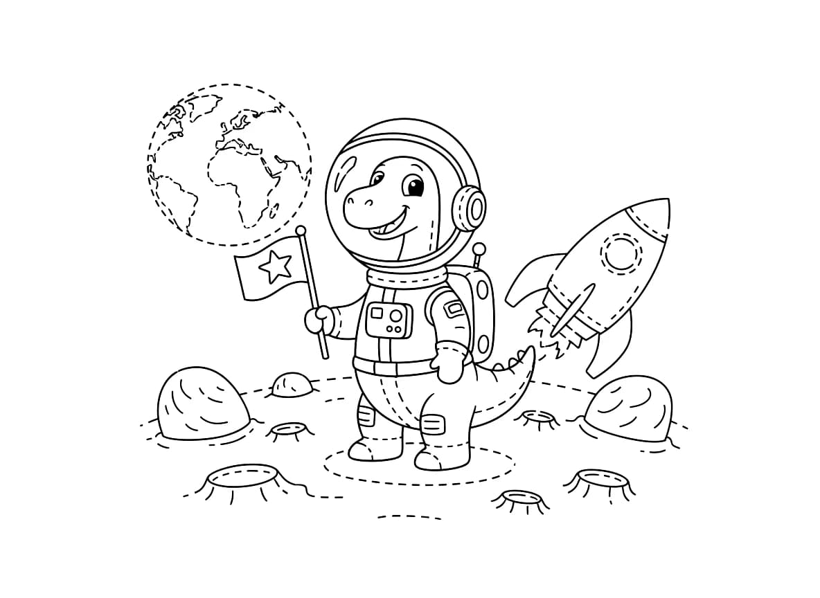 Um dinossauro astronauta explorando a lua.