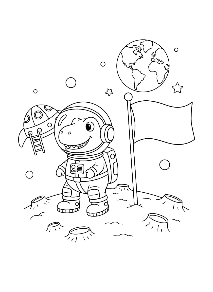 Um dinossauro astronauta explorando a lua.