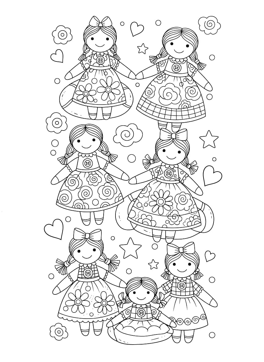 Uma imagem de livro de colorir de bonecas.