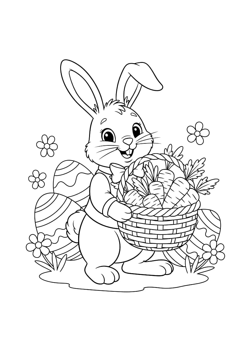 Um coelhinho da Páscoa fofo segurando uma cesta cheia de cenouras.