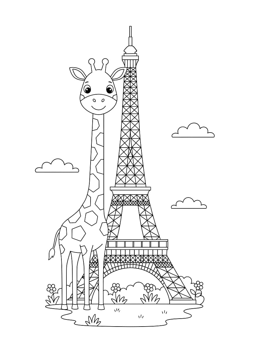 A giraffe standing in front of the Eiffel Tower.