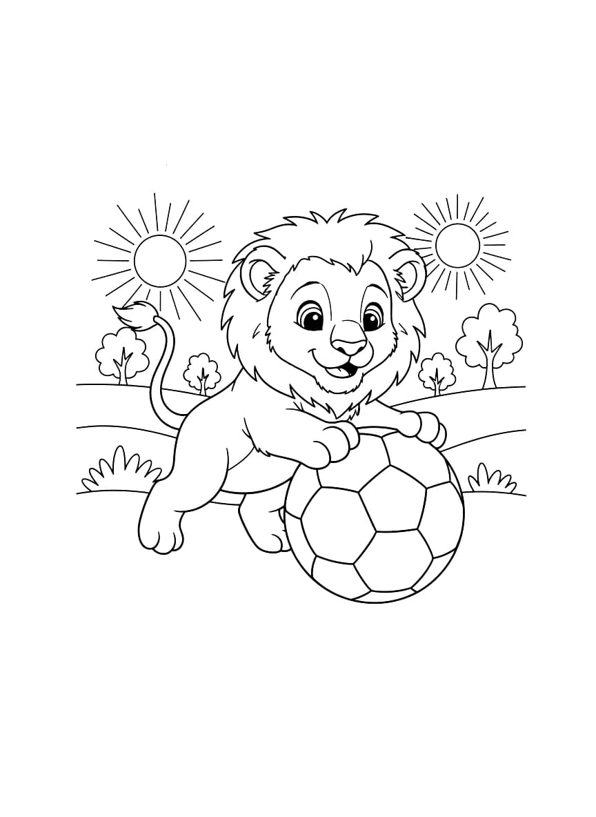 Um leãozinho brincando com uma bola.