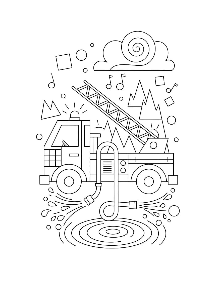 A busy firetruck with geometric shapes and patterns.