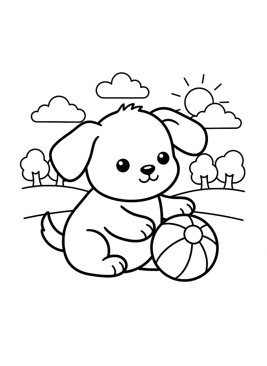 Um cachorrinho brincando com uma bola.