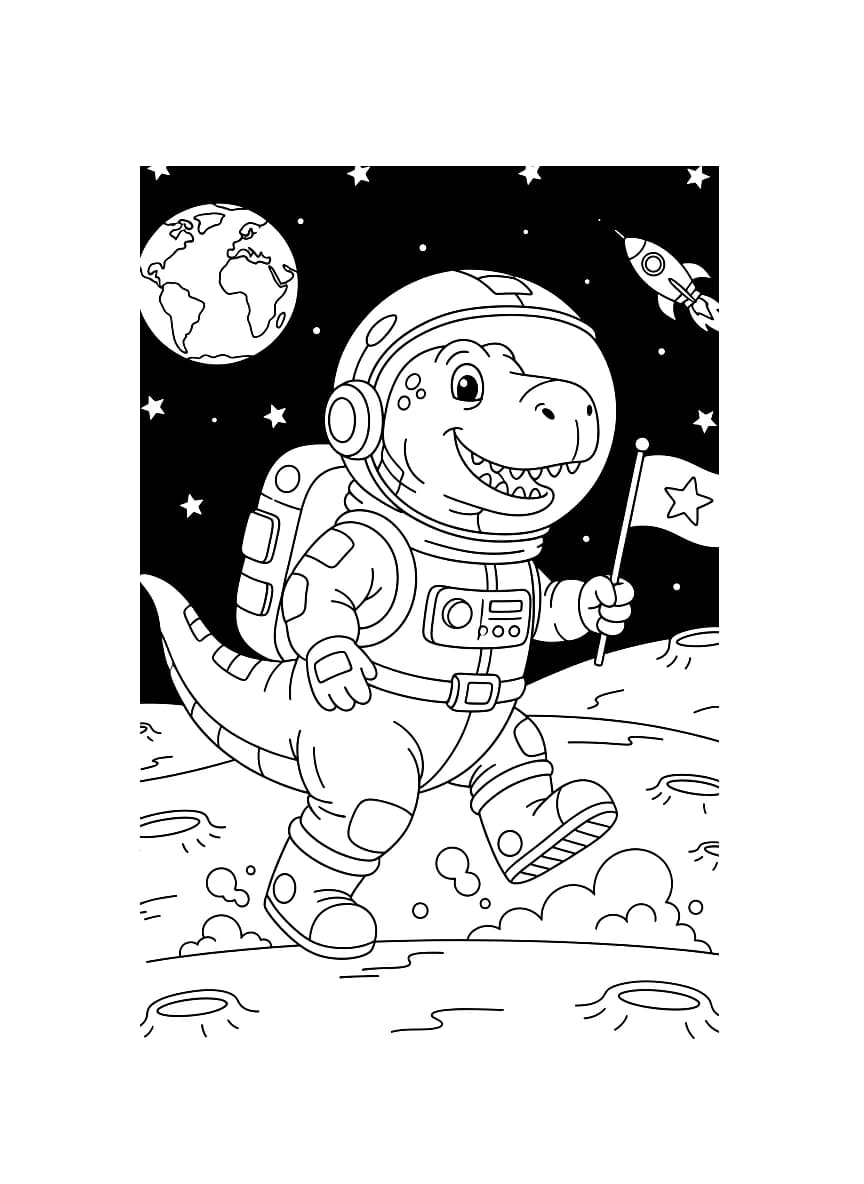Um dinossauro astronauta explorando a lua.