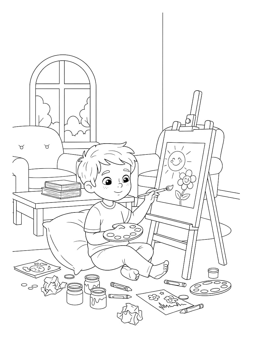 Um menino com febre, um pouco mole, brincando na sala pintando.
