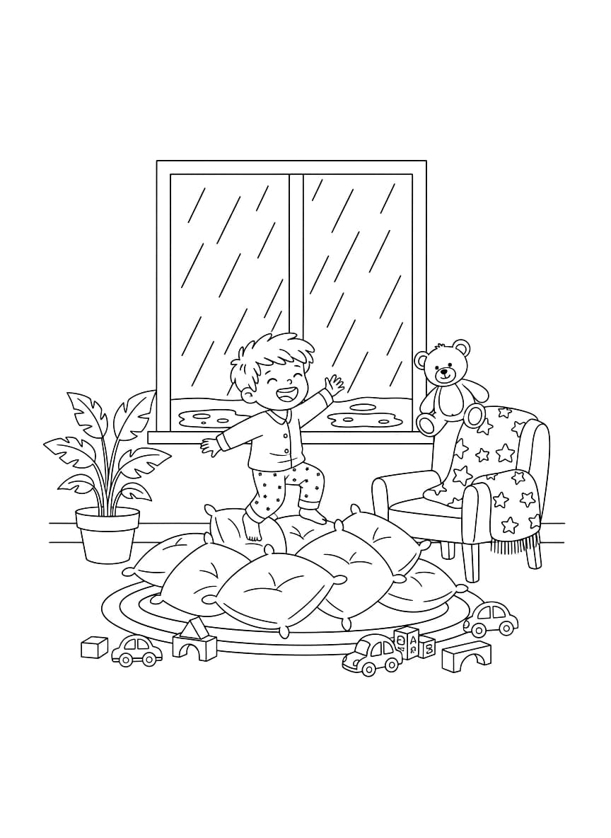 Um menino brinca dentro de casa em um dia chuvoso.