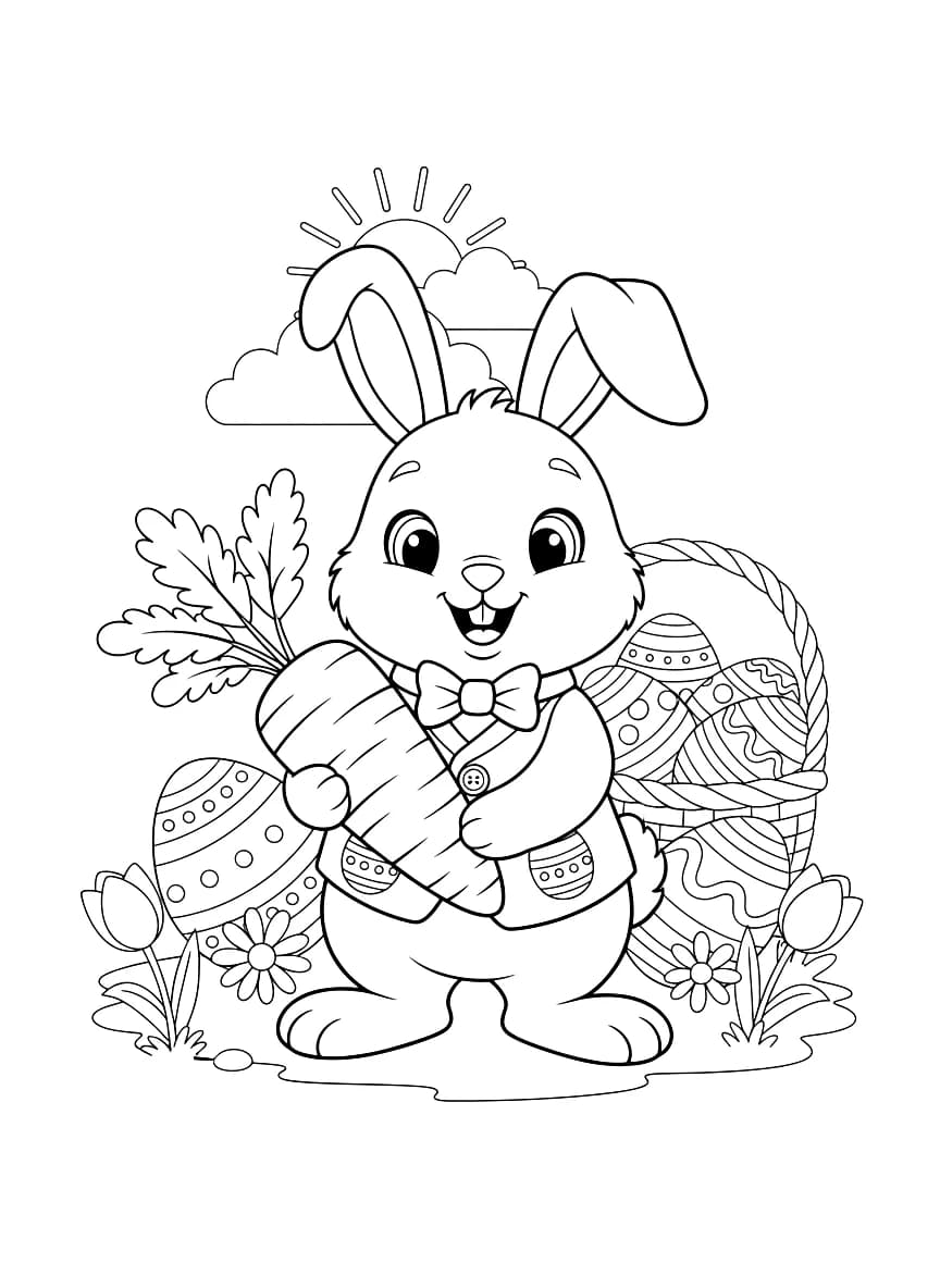 Um coelhinho da Páscoa fofo segurando uma cenoura.