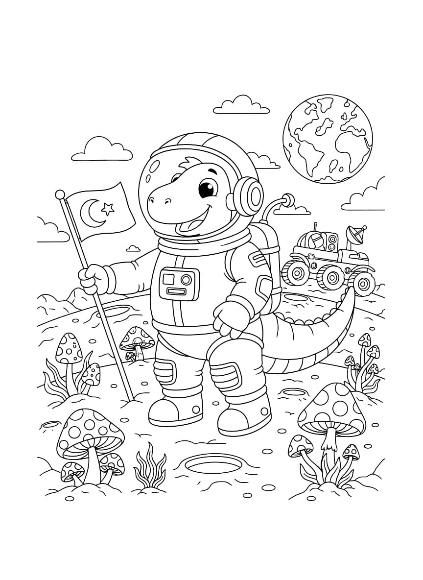 Um dinossauro astronauta explorando a lua.