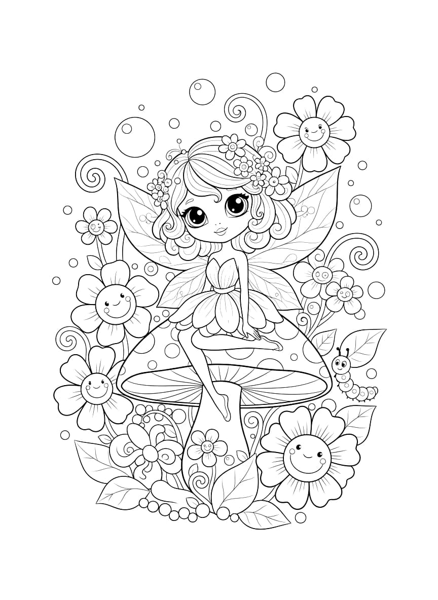 A sweet fairy with large, expressive eyes sits in a magical garden surrounded by flowers and plants.